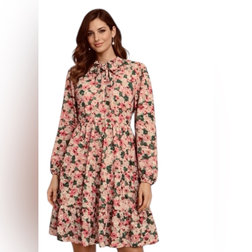 KorMei Pink Floral Dress Size L Long Sleeve Tie Neck New